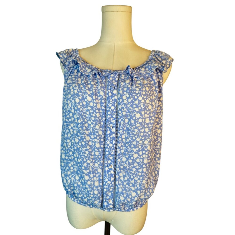 Sienna Sky Medium Blue & White Floral Ruffle Sleeveless Blouse Dainty